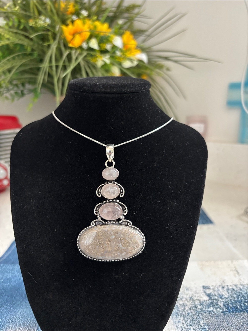 Sterling Silver Fossil Coral Rose Quartz Pendant Necklace
